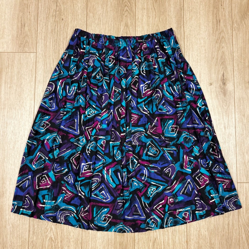 Vintage 90s Geometric Abstract Print Rayon Midi Skirt Plus Size 16W Teal Blue